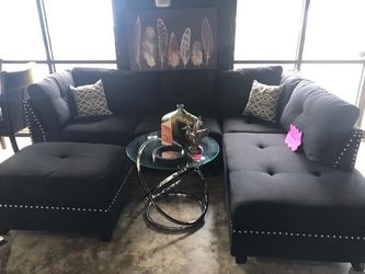 Black Fabric Sectional with Studs - Tufted black sofa