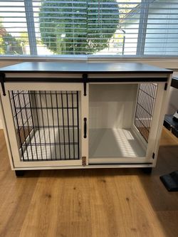 White and brown wood dog crate