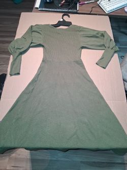 Green Ribbed Knit Long Sleeve Dress
