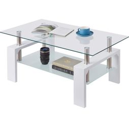 Rectangle Glass Coffee Table, Tea Table Modern Side Coffee Table with Lower Shelf Suitable for Living Room, 2-Tier Center Coffee Tables for Living Roo