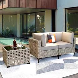 New OVIOS Supery Gray 3-Piece Wicker Patio Conversation Set with Beige Cushions and Coffee Table