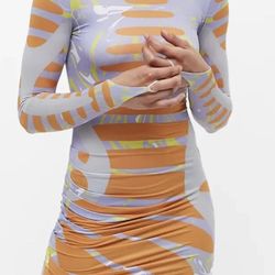 Maisie Wilen Orbit City Dress  Asymmetric mini graphic ring long sleeves ruffle bottoms