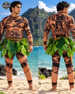Maui Tattoo Print Costume Set from Moana 2xl With Wig, Leaf Skirt, and Maui Hook
