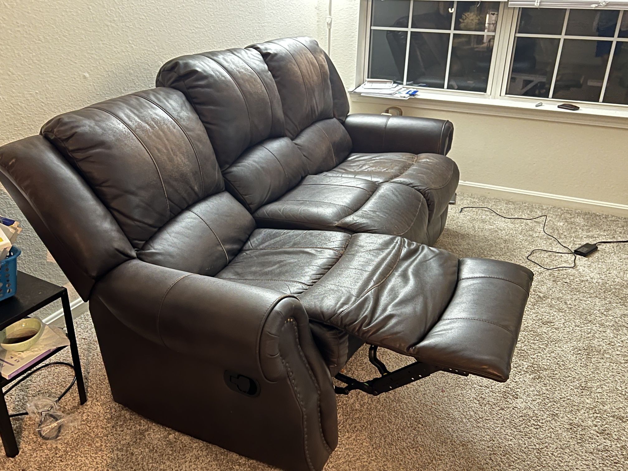 Brown Faux Leather Reclining Sofa – 3-Seater -good Conditions Move Out Sale