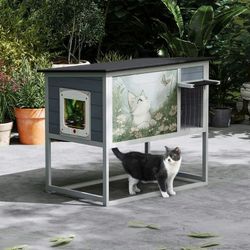 Cat Catio, Cat Tree House, Weather-Resistant Outdoor Cat House with Elevated Design, Curtained Door, and Escape Door - Gray, NEW