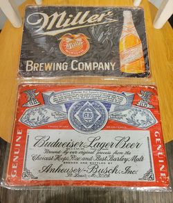 Miller Beer & Budweiser Beer metal sign 12x8 [ Lot Of 2 ] NEW