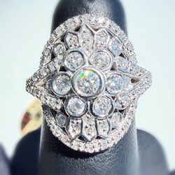14k solid white gold Art Deco style 1.2CTW Natural Diamond flower cocktail ring sz5.5