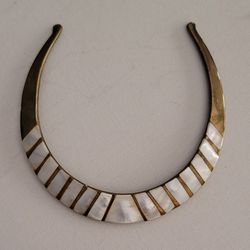 Vintage Brass Choker Inlaid With Mother Of Pearl, Brass Bib Necklace (Rare Find)