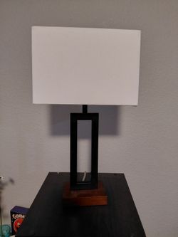 Modern Dark Wood Table Lamp with Off-White Shade