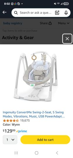 Ingenuity ConvertMe baby Swing-2-Seat, 5 Swing Modes,Vibrations, Music,USB Power Adapt Cord,toy Bar