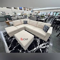 Reversible Boucle Fabric Sectional Sofa With Ottoman 