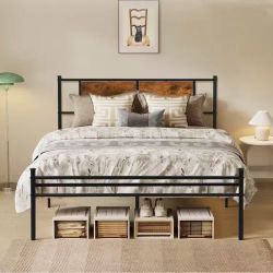 Black Steel & Wood Full Bed Frame - 12” Underbed Storage, No Box Spring Needed, Easy Assembly