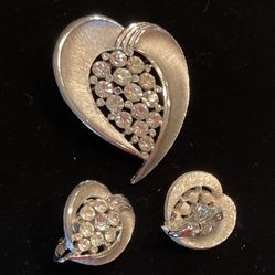 Crown Trifari Heart Brooch, Aurora Borealis Rhinestones, Clip Earrings 1960’s RARE