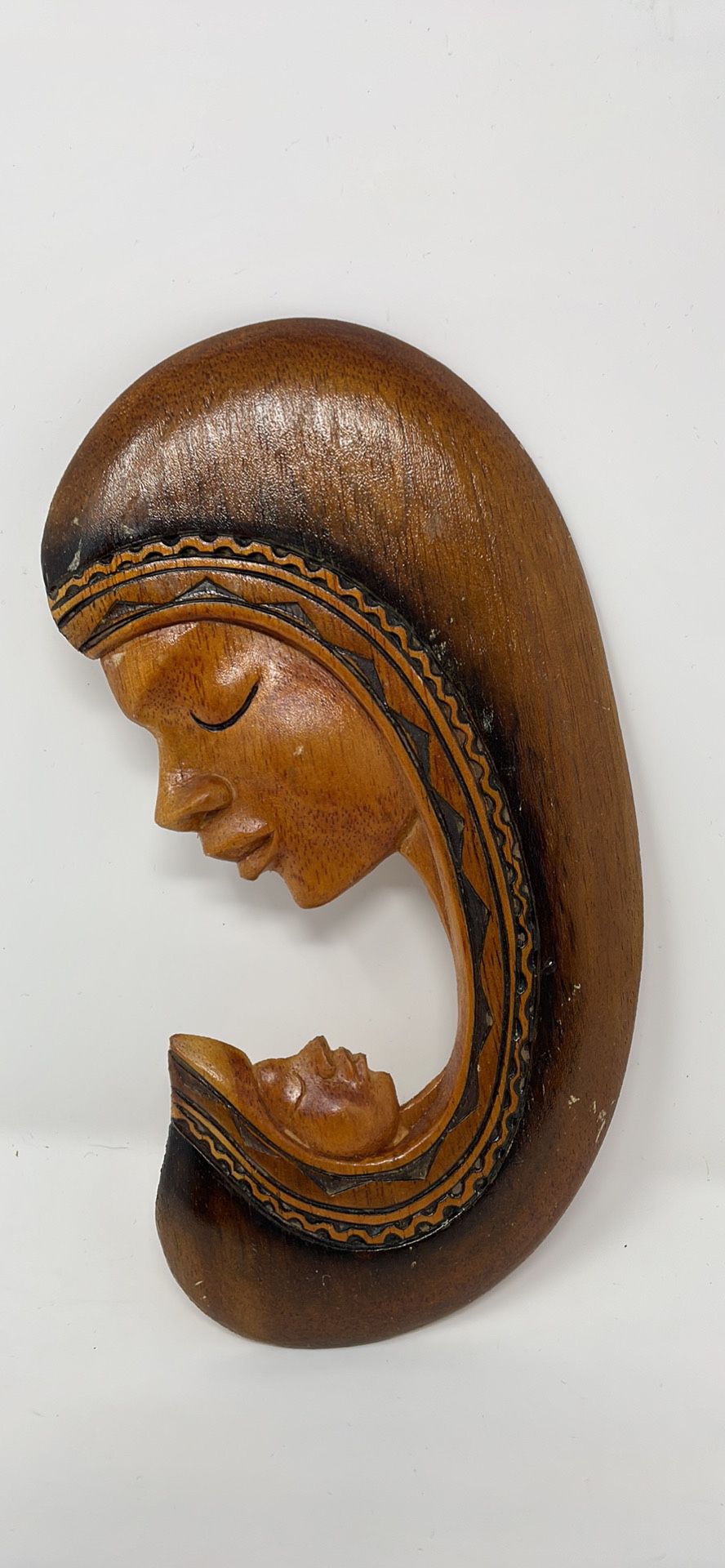 Wood hand carved wall art, sculpture mother & child in moon 