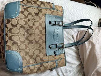 Coach Logo Brown Blue Tote Bag with Leather Trim and Zip Closure