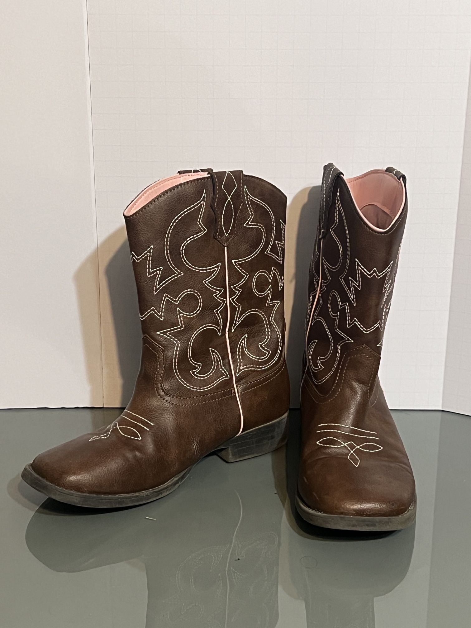 Girls Brown Cowboy Boots Size 3 Western Pink Lining