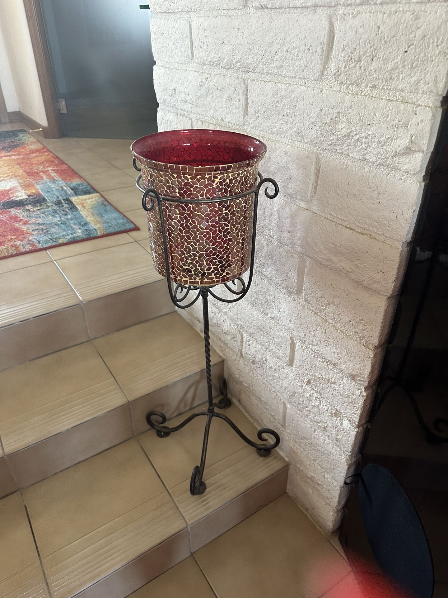 Red & Gold Mosaic Candle Holders On Rod Iron Holder 