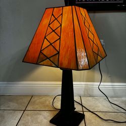 Vintage Leaded Carmel -Brown Slag Stained Glass Shade Table Lamp