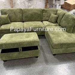 New L Shape Sectional STORAGE OTTOMAN couch Chaise Sofa Green Soft Fabric