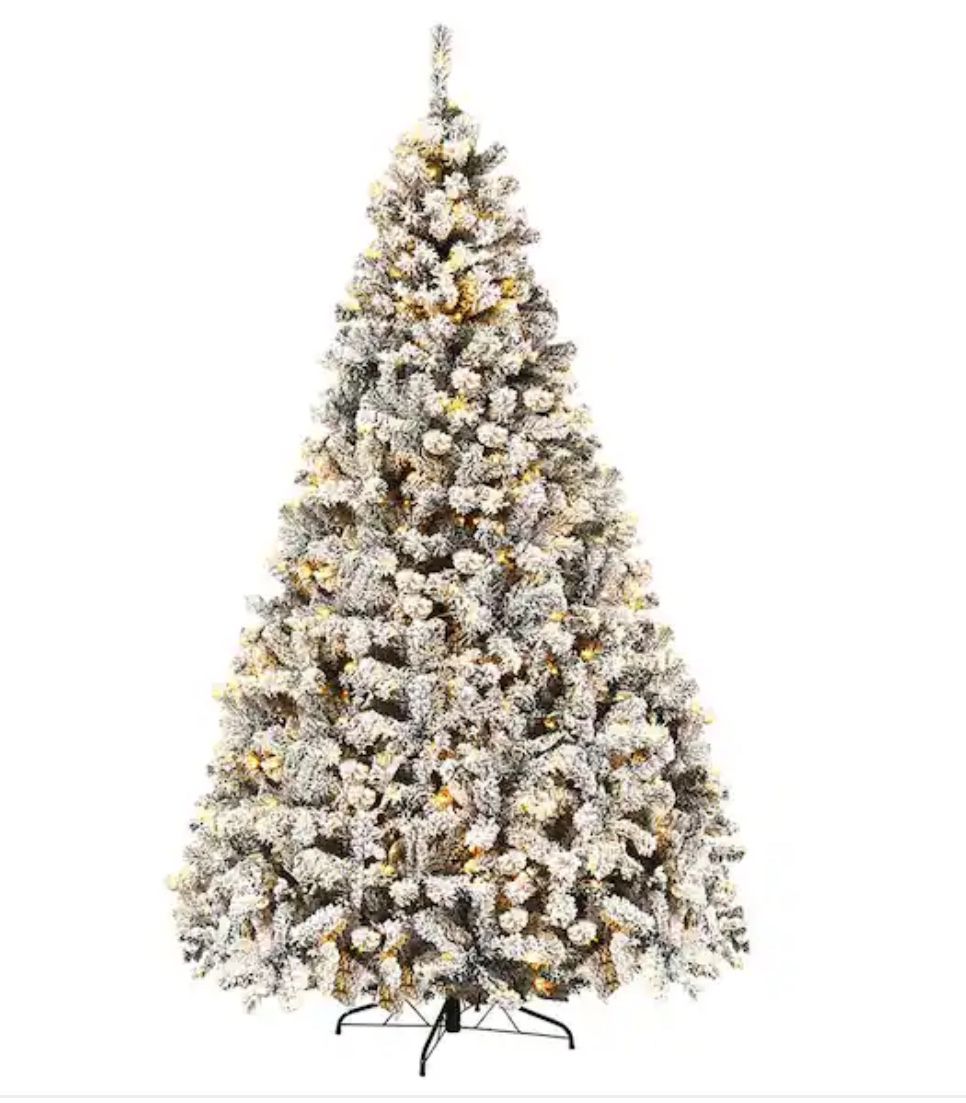 Costway 9 ft. Pre-Lit LED Flocked Snow Hinged Pine Artificial Christmas Tree with 550 White Lights