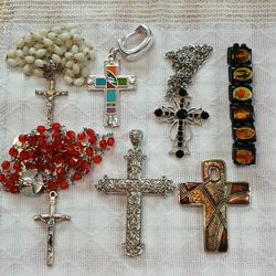 Catholic Religious Jewelry, Rosary Lot, Crosses, Bracelet 