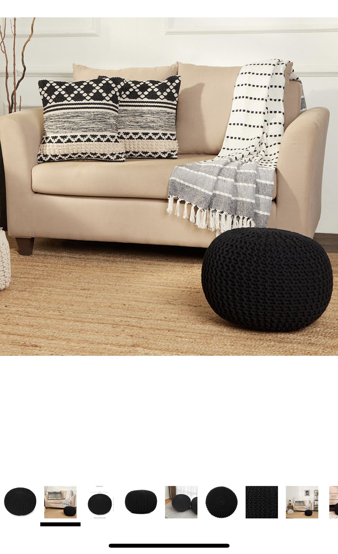 REDEARTH Round Pouf Foot Stool Ottoman - Hand Knitted Bean Bag - Cord Boho Pouffe - Cable Poof Footrest for Living Room - Nursery - Bedroom - Patio -