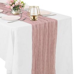 Dusty Pink Cheesecloth Table Runner 10FT Boho Gauze Fabric Table Runner Vintage Rustic Sheer Runners for Wedding Party Bridal Baby Shower Long Table D
