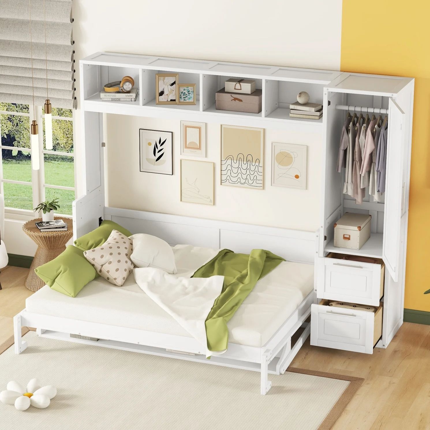 White Queen Sized Murphy Bed / Flip Up Design  / Open Shelves / Closet / Drawers [NEW IN BOX] **Retails for $1753 <Assembly Required> 