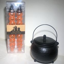 Halloween Jack O’ Lantern Taper Candles Wearing Witch Hats Set Of Two New
