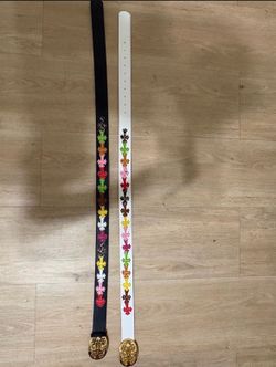 multicolored chrome hearts belt with gold buckle. White and black