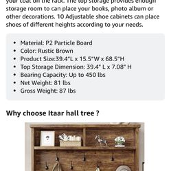Itaar Hall Tree, Entryway Bench with Coat Rack and 10 Adjustable Shoe Storage, Brown