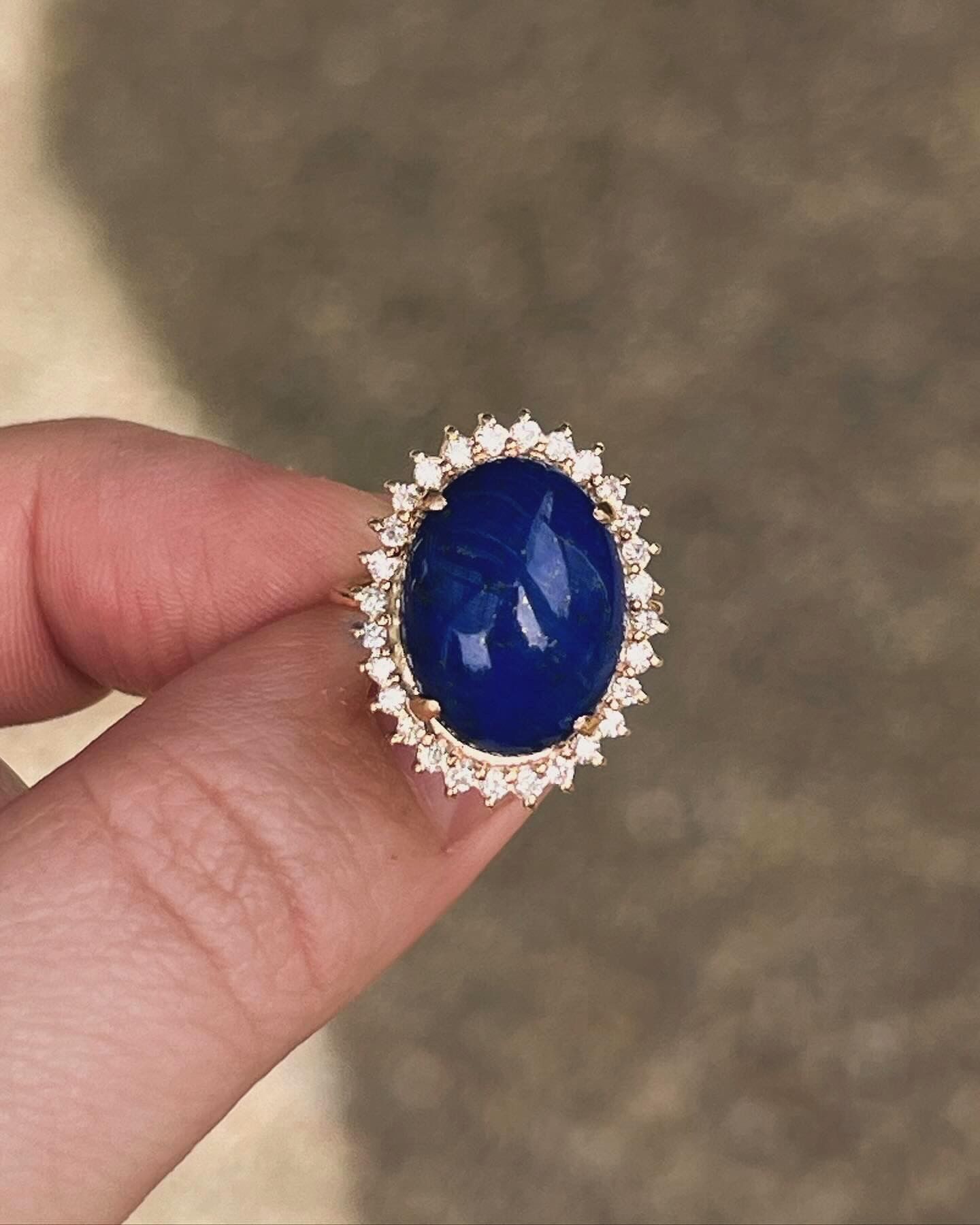 1ct VS Natural Diamond Halo Ring With Large Natural Lapis 14k Solid Gold Custom Ring