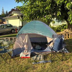 Combo Spalding 2P Dome Tent With Air Mattress, 1 Sleeping Bag, & 3 Folding Chairs 