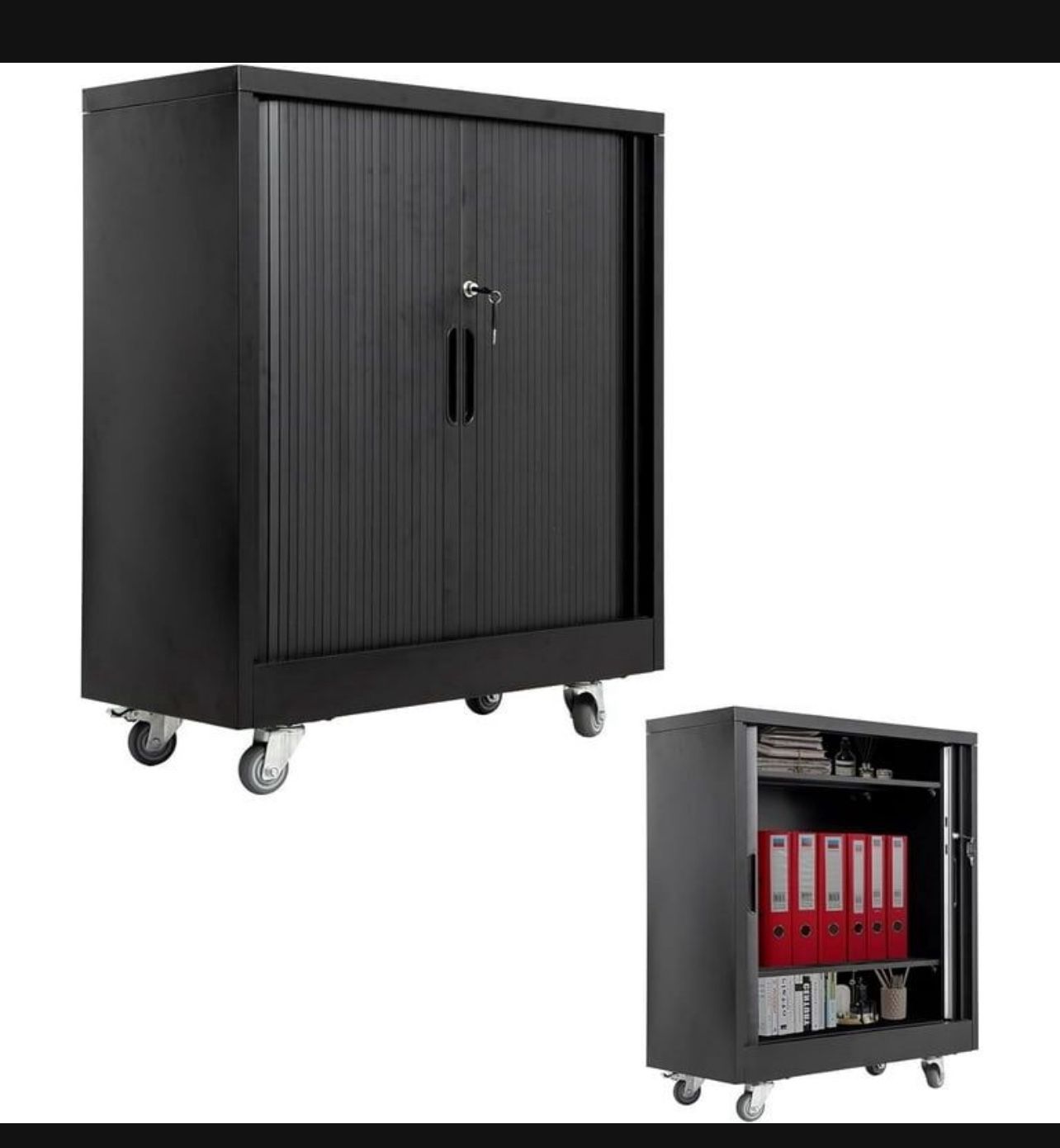 New in a sealed box we have more than one Strong Hold Roll-Up Door Storage Cabinets, Mobile Metal Cabinet with Adjustable Shelf, Lockable 2 Doors with