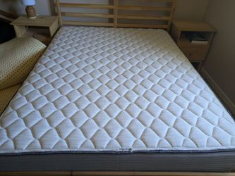 Queen bed set (mattress, bedframe, two bedside tables, natural organic latex topper)