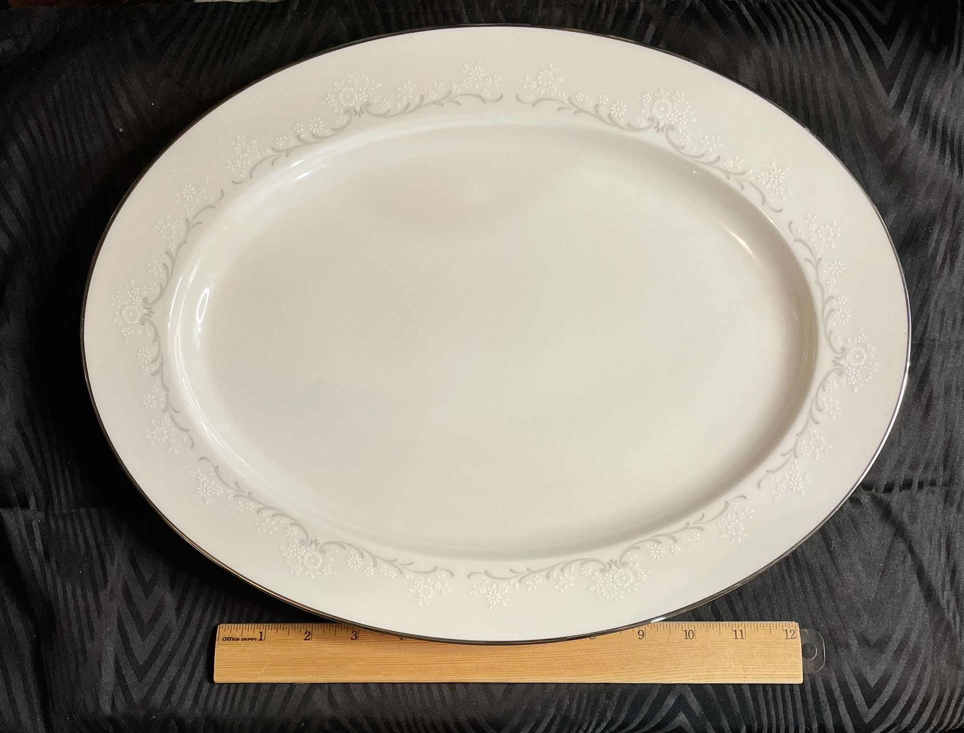 Noritake Irene Platter Oval 16 in 7571 Embossed White Floral Gray Scrolls Japan (OBO)