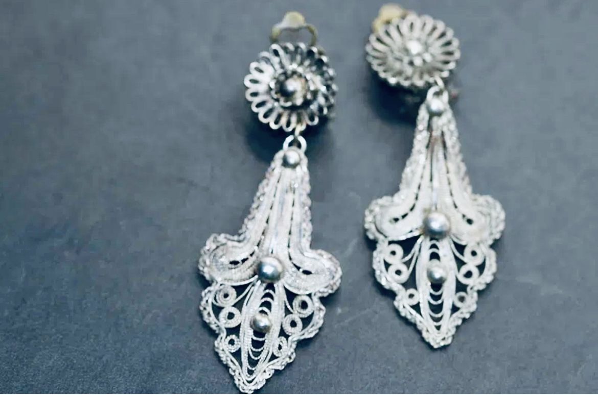 Art Deco Filigree 1000 Pure Silver Clip Vintage Earrings