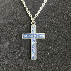 Pretty Blue Detailed Enamel Embossed Cross Necklace