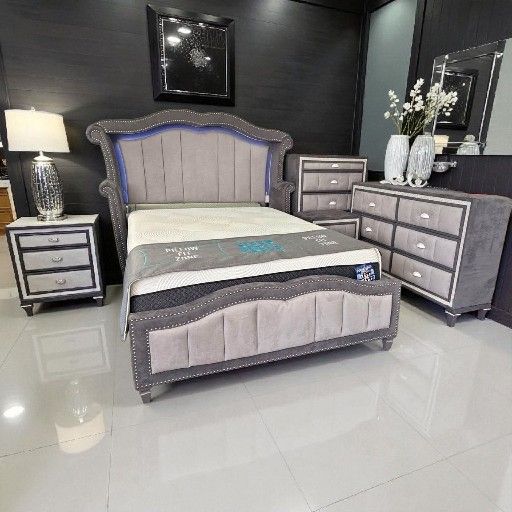 Bedroom Set Grey Velvet Led Lights 4 Pcs Bed, Dresser Mirror Nightstand
