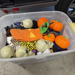 Plastic Bin Full of Halloween Decorations