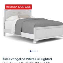 Kids Evangeline White Full Lighted Upholstered Bed With White LED And Dresser With 2 Side Take 
