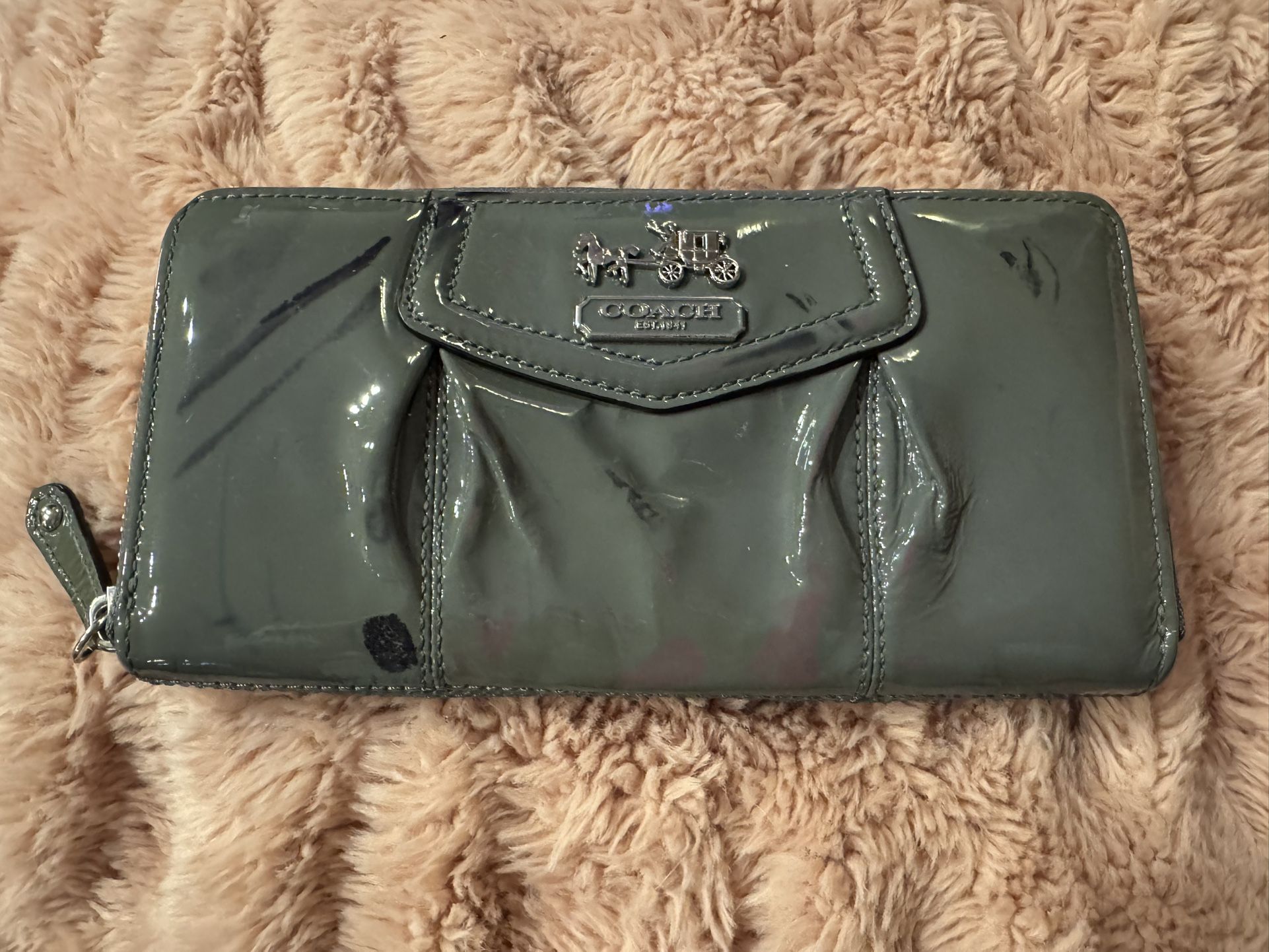 Coach Patent Leather Accordion Zip Wallet Gray