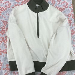 Fabletics Green And Cream Colored Half Zip up Sweatshirt