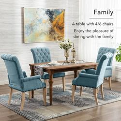 E140 $65  Elegant Linen Fabric Upholstered Armchair with Solid Wood Legs, Tufted Side Chair for Bedroom Dining Room, Blue  STURDY AND DURABLE: The ove