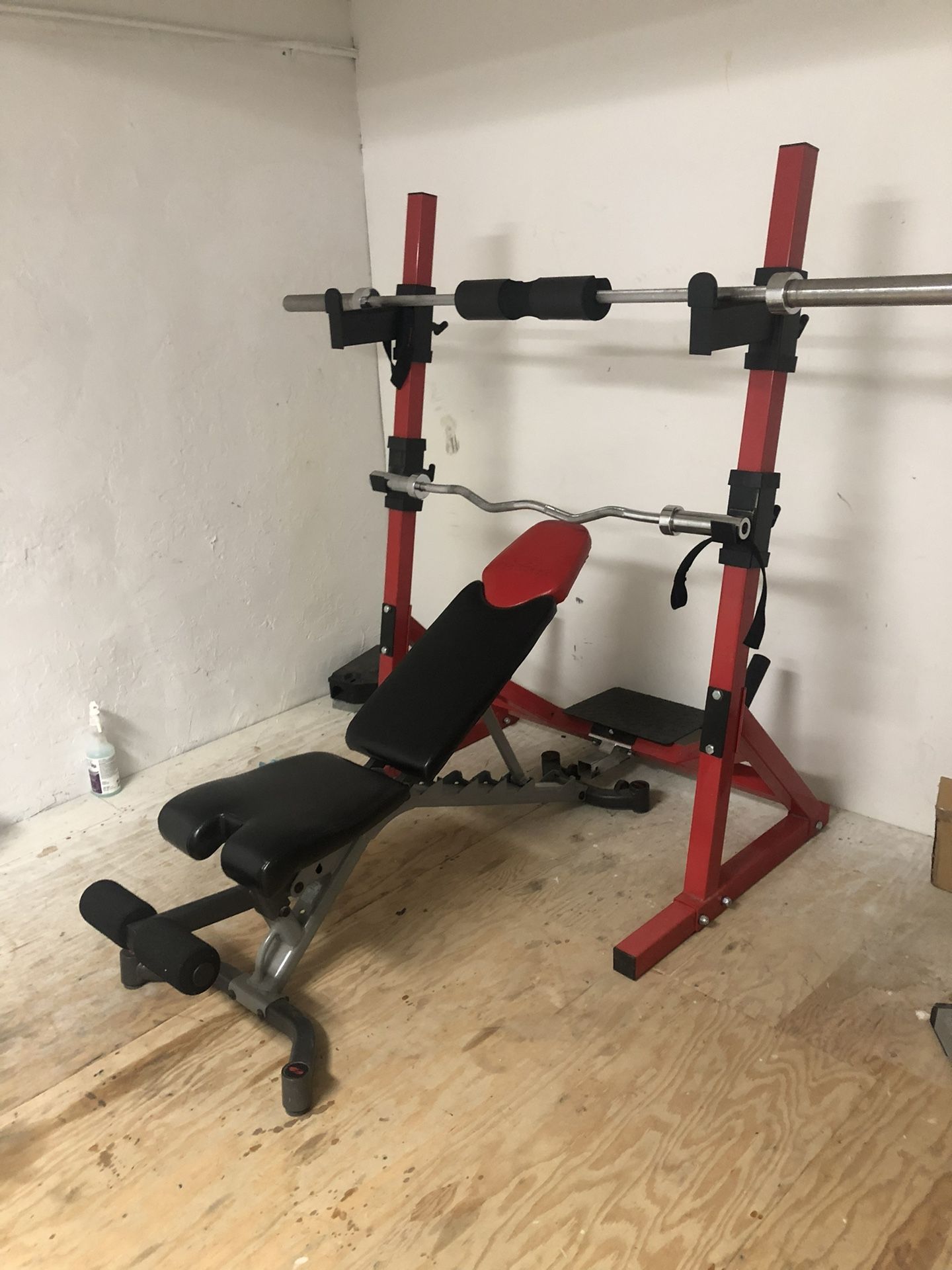 Olympic set with Bowflex bench, bar and curl bar and 250 lbs of weights