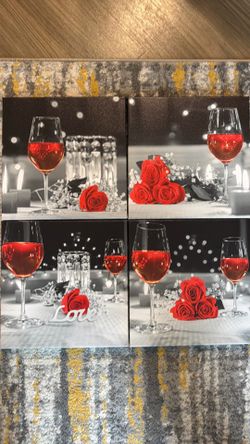 Kitchen Canvas Wall Art Prints Black and White Wine Rose Floral Painting Picture for Dining Room Restaurant Wall Decor (12"x12"-4Pcs, Red)