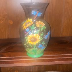 Large Glass Hand painted Vase - Sunflowers And dragonflys!!
