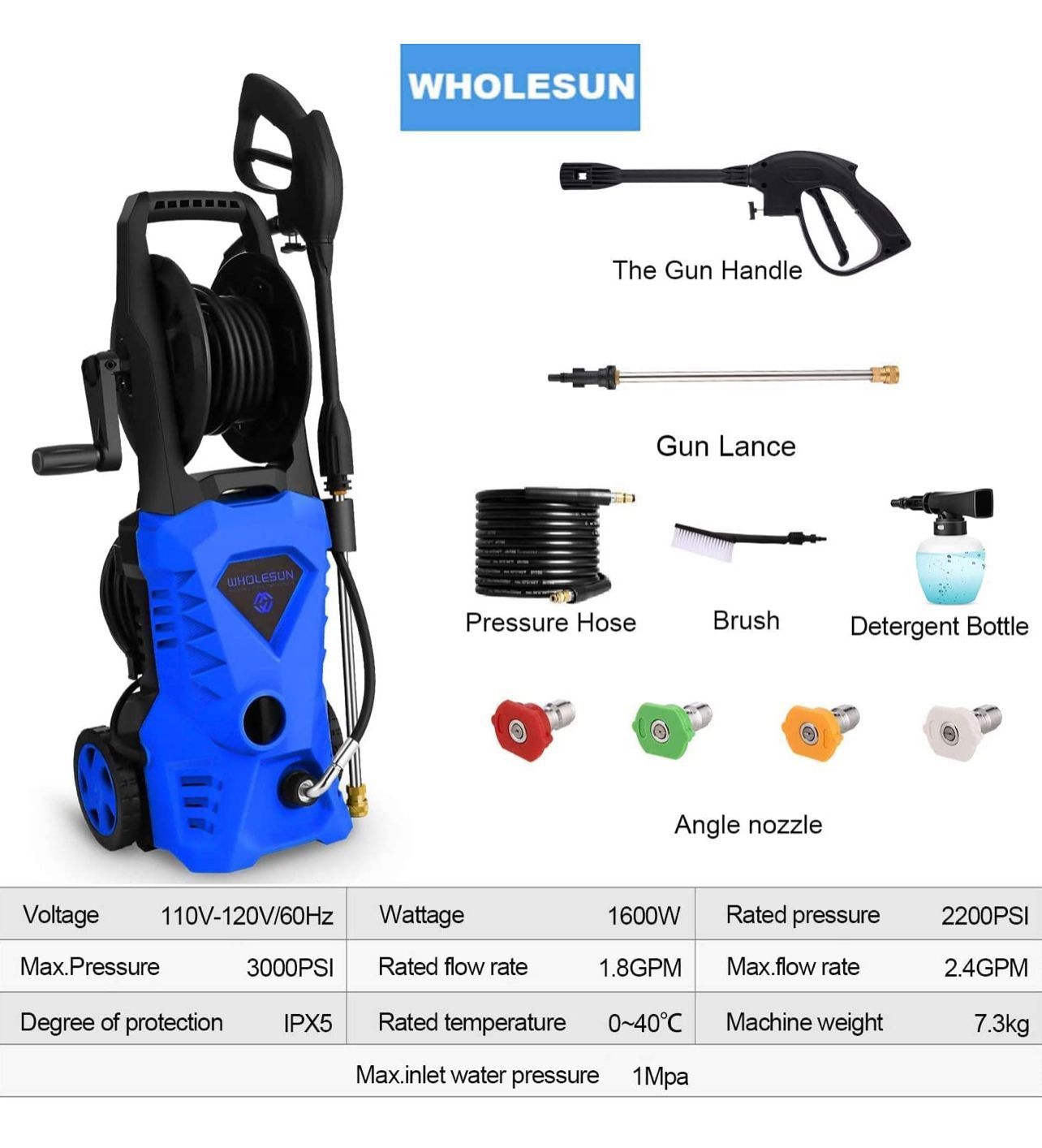 WHOLESUN 3000PSI Electric Pressure Washer 2.4GPM Power Washer 1600W High Pressure Cleaner Machine with 4 Nozzles Foam Cannon for Cars, Homes, Driveway
