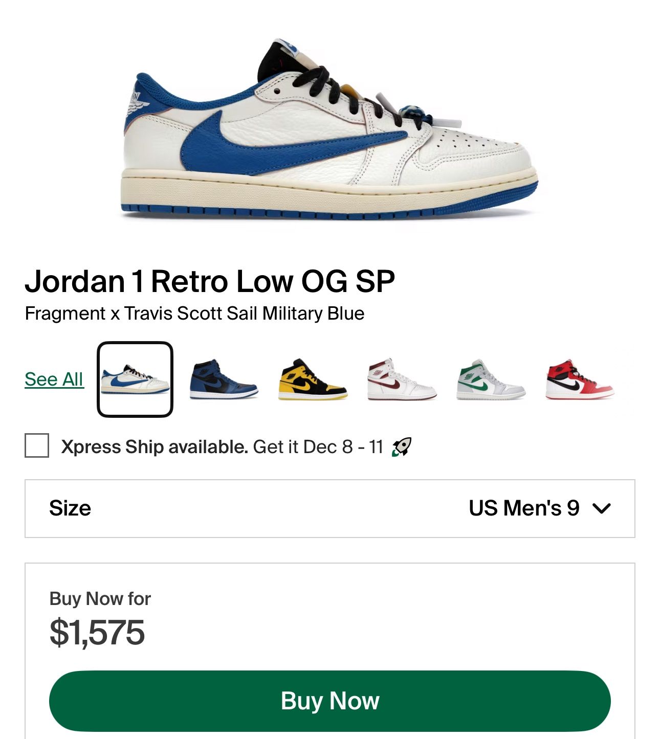 Jordan 1 Retro Low OG SP Fragment x Travis Scott Sail Military Blue Size 9