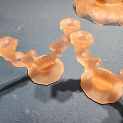 Pink Frosted Glass Double Candlestick Holder